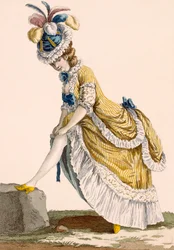 Dame trækker sin strømpe op, graveret af Le Beau, plade nr. 1 fra "Galeries des Modes et Costumes Francais", ca. 1778-87